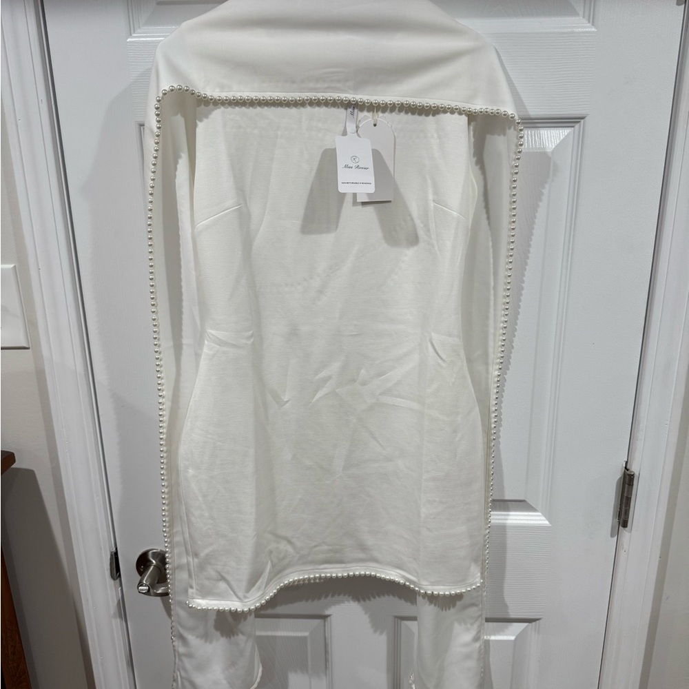 White Cape-Trim Mini Dress with Dramatic Cape - Picture 5 of 6